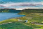 A view across the fjords beneath Dynjandi waterfall in Iceland (oils on canvas, approx 24cm x 16cm)